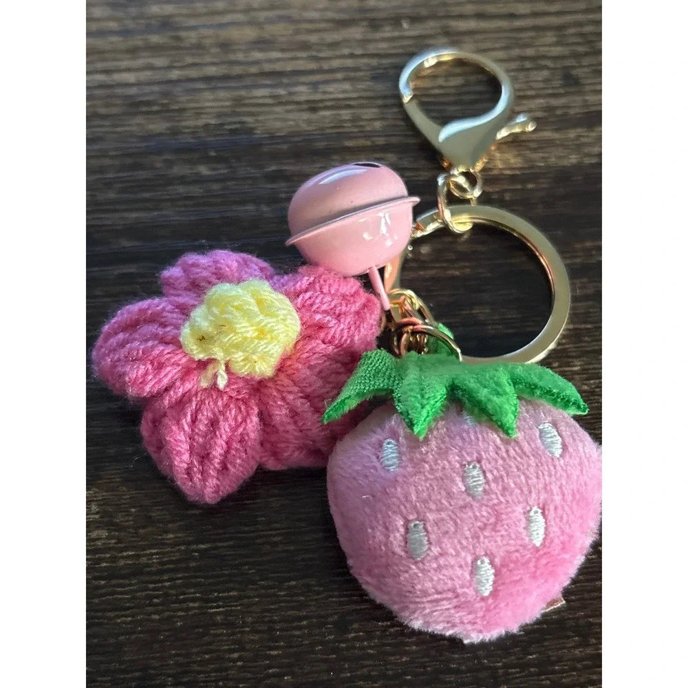 Handmade Pink Strawberry and Flower Plush Keychain with Bell Gold Tone Hardware